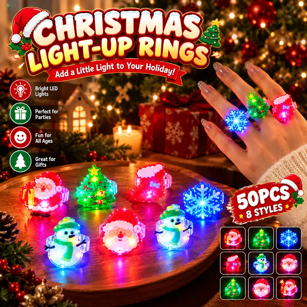 50PCS LED Light-Up Christmas Rings - 8 Festive Designs for Kids, Indoor Recreation Holiday Party Favors & Stocking Stuffers