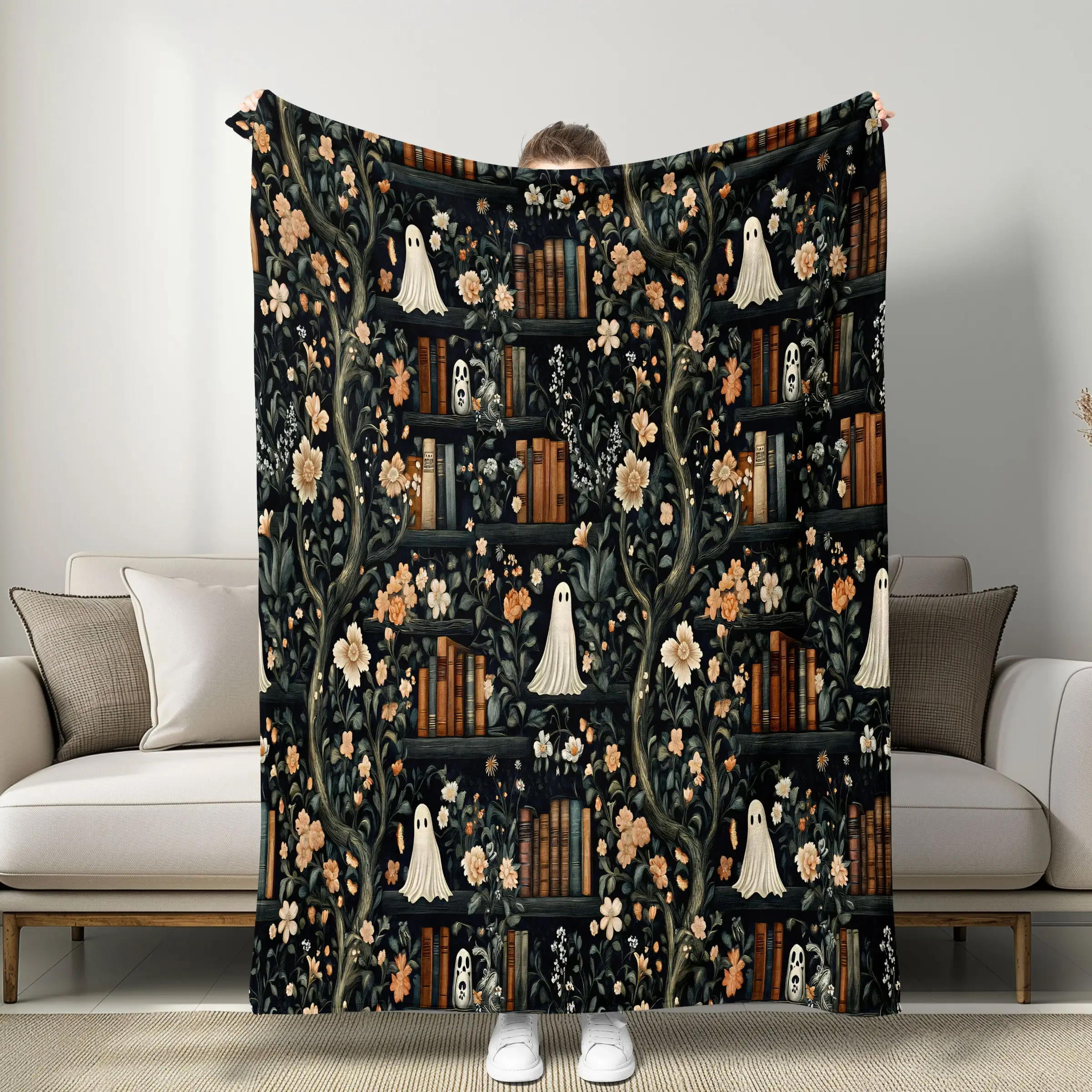Gothic Ghost Blanket with Vintage Bookshelf Design, Soft Plush Material, Warm & Cozy for Autumn Winter Decor, Unique Home Decoration Gift Idea