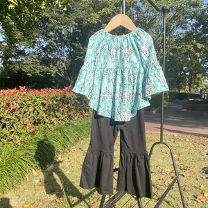 girl winter outfit cow western clothing set blue toddler bell bottom set winter clothes two-piece set girls clothes sets