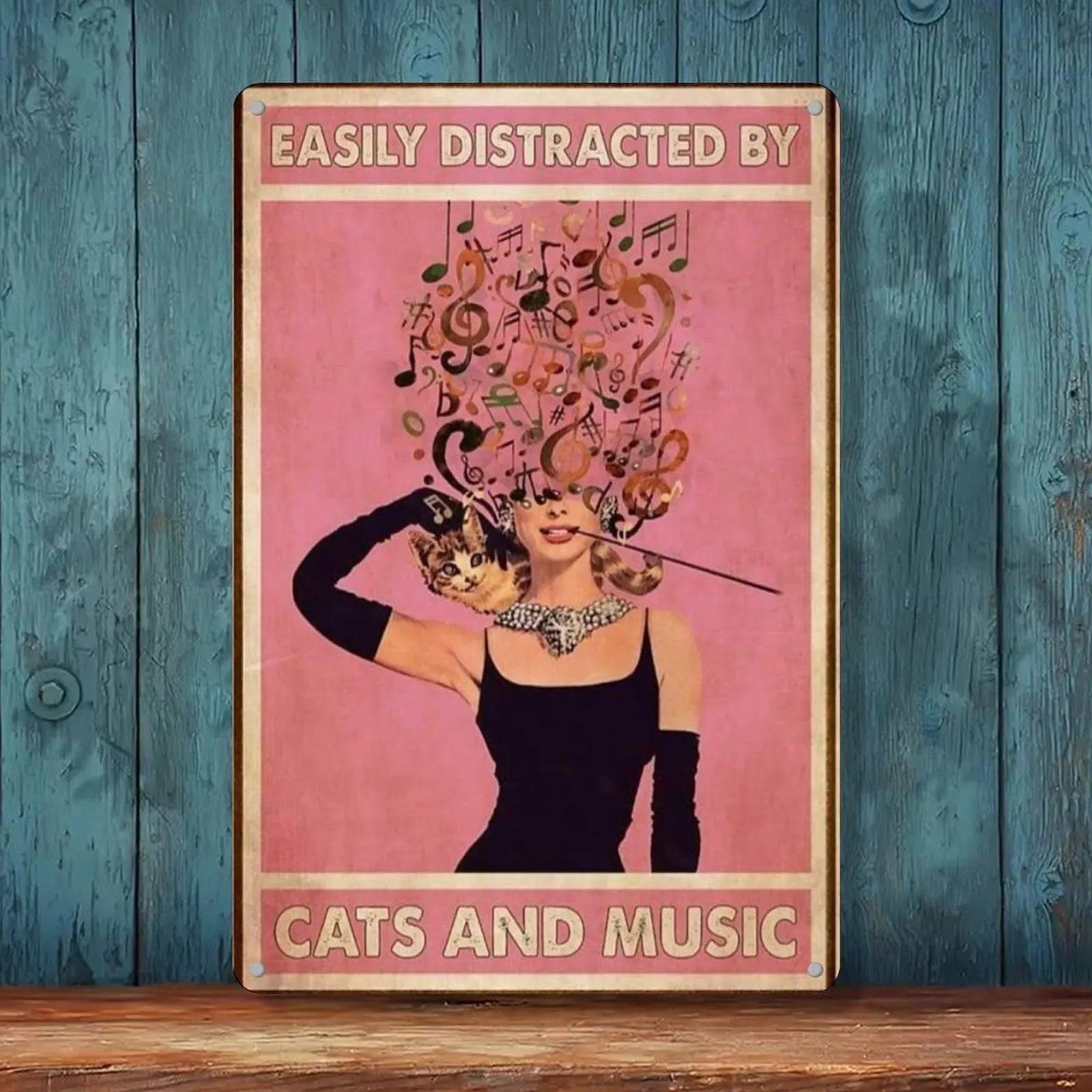Easily Distracted By Cats And Music Pink Retro Pin Up Tin Sign 8x12in Musical Note Kitty Woman Wall Decor Metal Tin Sign