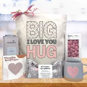 itsonlynaturalgifts Big I Love You Hug Valentine's Day Gift Basket with Milk Chocolate, Lavender Eye Pillow, and Plantable Seed Paper