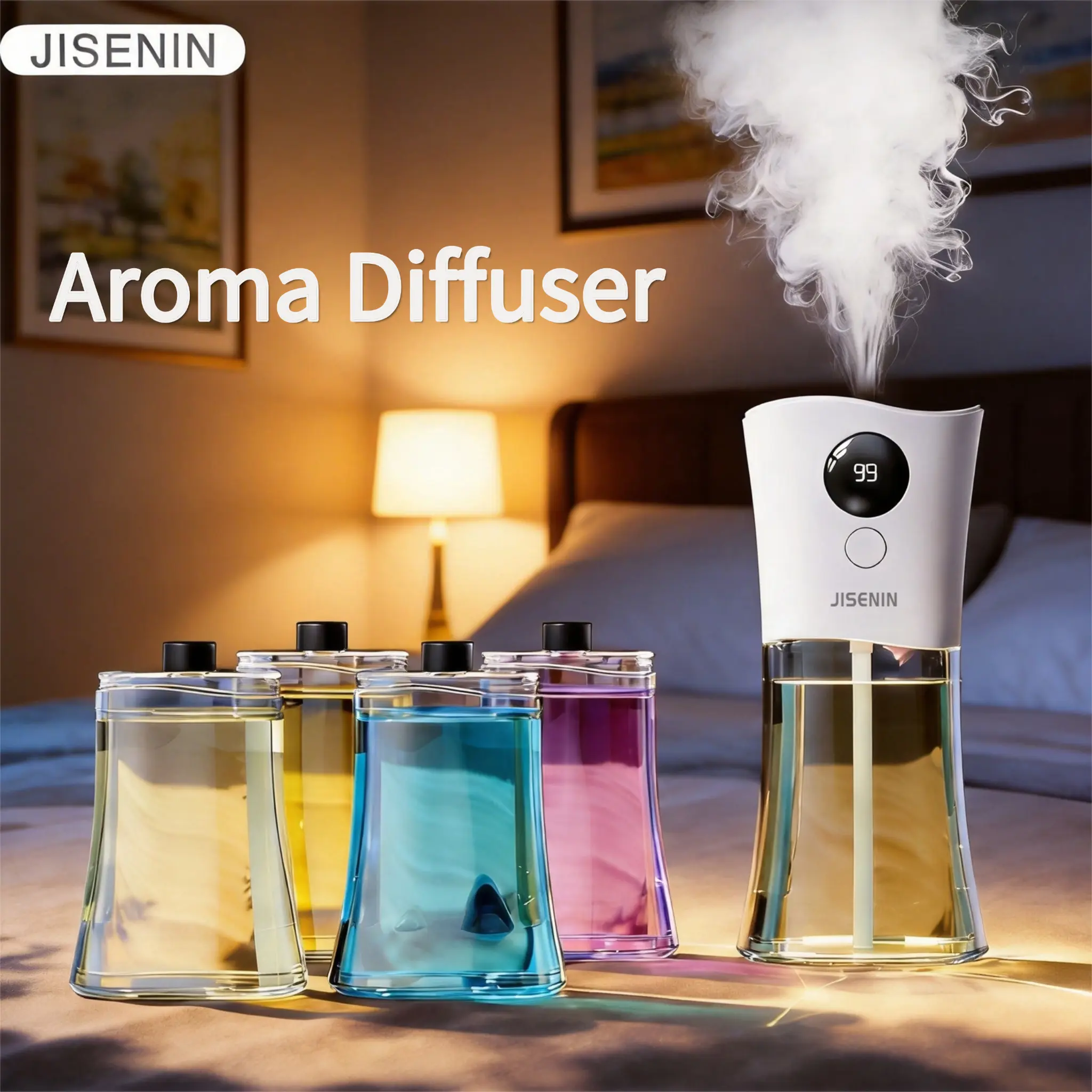 JISENIN Aroma Diffuser Humidifier - 2000mAh High-Capacity Battery, 6 Timer Settings, Colorful Ambient Night Light, Stylish Home Décor Piece