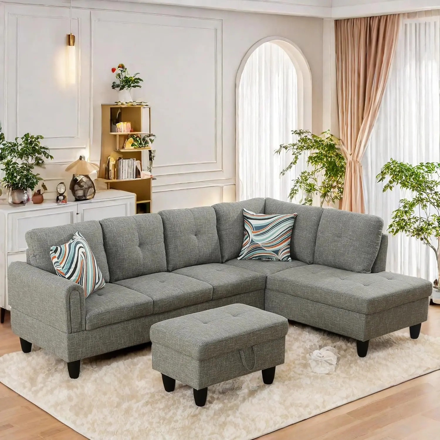 L Shaped Sectional Sofa with Ottoman, Modern Couches for Living Room, Microfiber Facing, Bedroom, Office