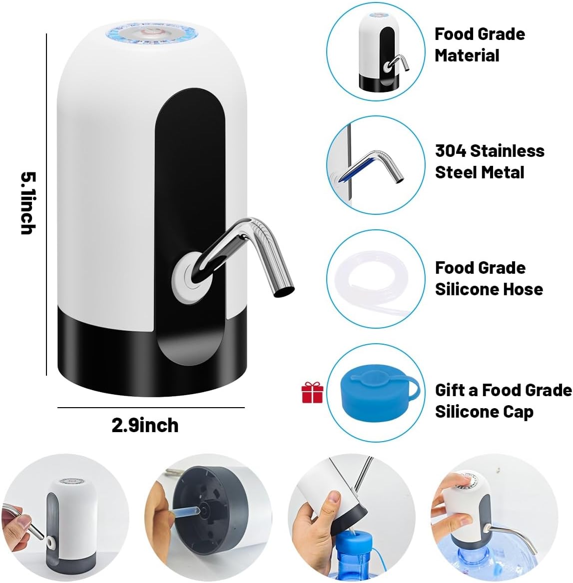 Water Bottle Dispenser Pump, Rechargeable Water Pump for 5 Gal Jug, Fits 2-5 Gallon Water Jugs, Easy One Switch Operation, Portable for Home Kitchen Office Camping