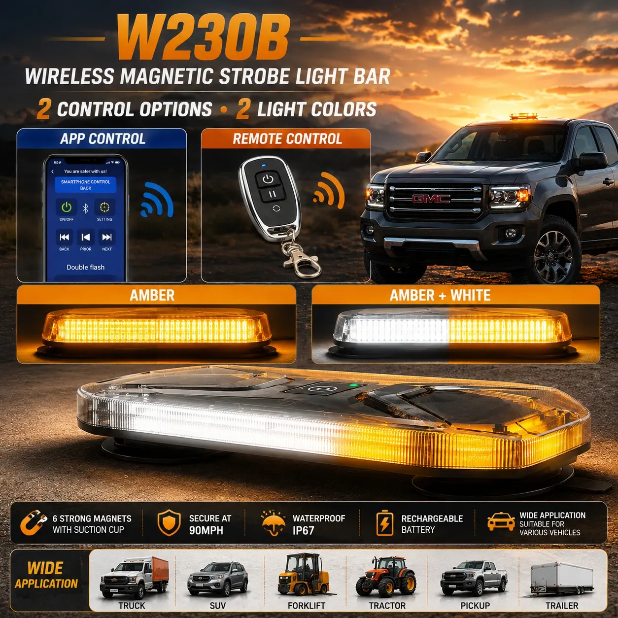 AgriEyes W230B Wireless Truck Lightbar, Magnetic Mount Vehicle Roof Light with LED Chips, Remote/App Control, Multiple White Flash Modes, Charging Cable - Strobe Lights for Trucks, Offroad Safety Accessory