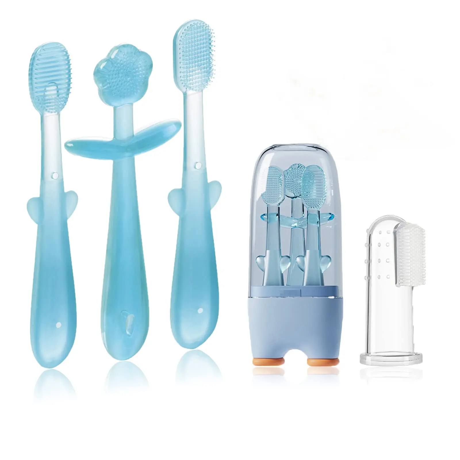 Baby Silicone Toothbrush Set - 6-in-1 Soft Oral Care & Teething Training Kit for Children, Kids & Toddlers (Blue), Childrens Toothbrush, Kid Toothbrush