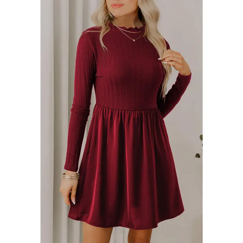 Red Dahlia Frilled Neck Ribbed Knit Patchwork Long Sleeve Mini Dress