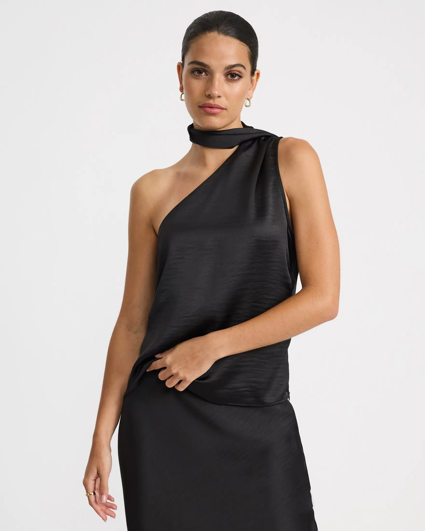 Express Satin One Shoulder Scarf Draped Top