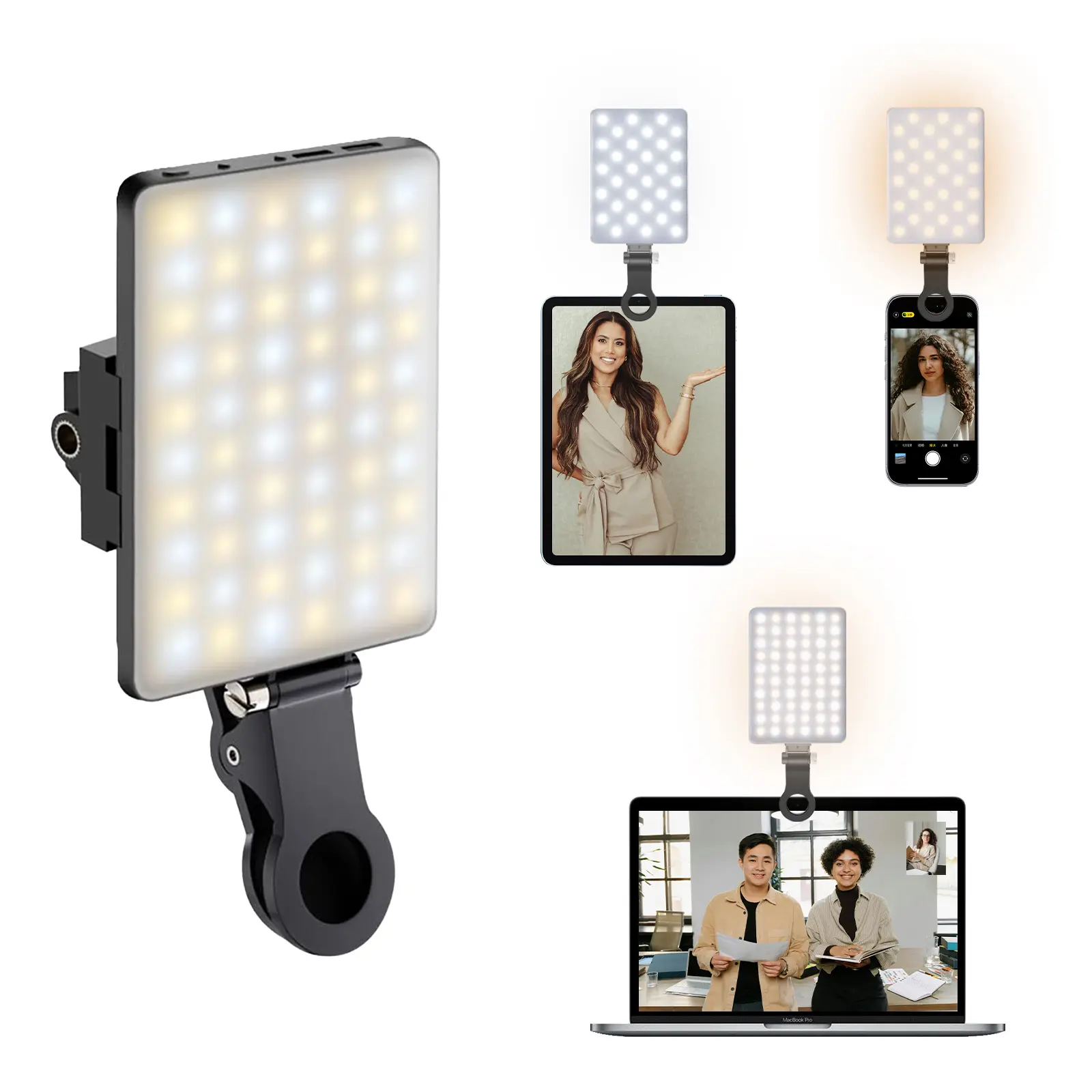 NPTCL 60-LED Compact Size Rechargeable Selfie Light with Clip Mount, Built-in 2200mAh Batteries, Camera Tripod Adapter, CRI 97+, 3 Light Modes for Phone, Webcam, Photo & Makeup Use