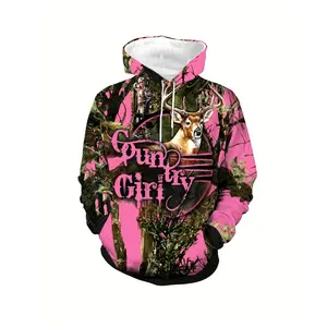 Women's Plus Size Camouflage Pink Deer Print Hoodie - Casual Polyester Blend Pullover with Slight Stretch, Knit Fabric Hooded Sweatshirt with Kangaroo Pocket