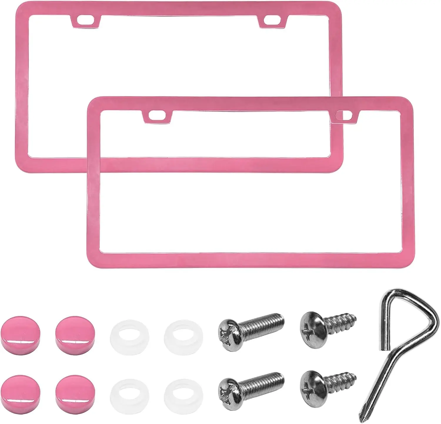 2 PCS License Plate Frames, 2 Hole Super Slim Front & Rear Car Tag Cover with Bolts Washers Caps, Weatherproof Stainless Steel License Plate Holder Stylish Decor for Most Vehicles (Pink)