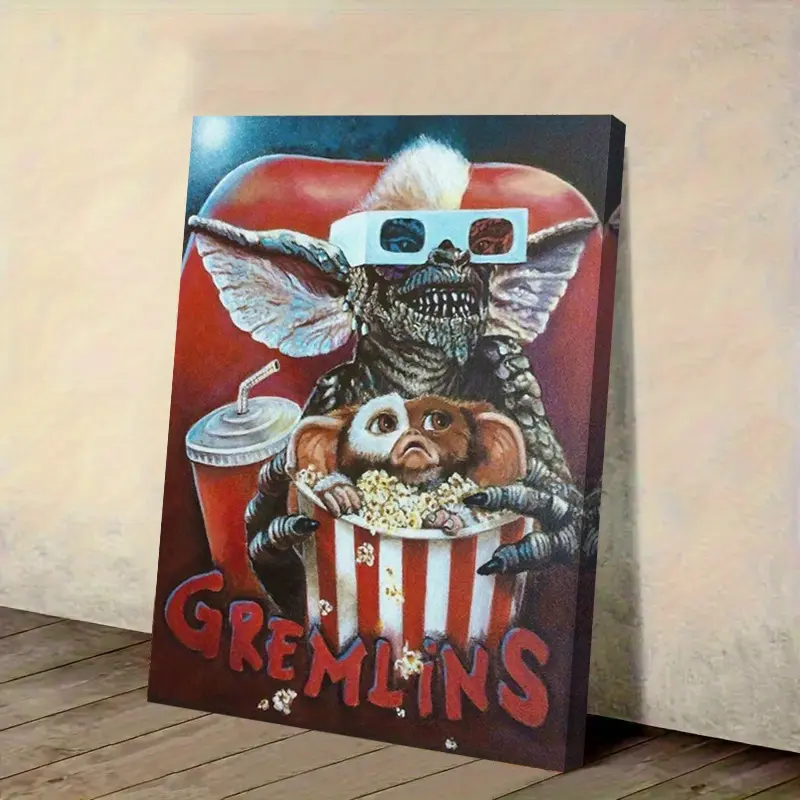 1pc Artistic Gremlins Movie Poster Canvas Wall Art Print - Cartoon-Style 2D Flat Popcorn Scene with 3D Glasses Character, Wrapped Frame, Hook Installation, Vibrant Decoration for Bedroom, Living Room (Ideal for Movie Fans), Framed