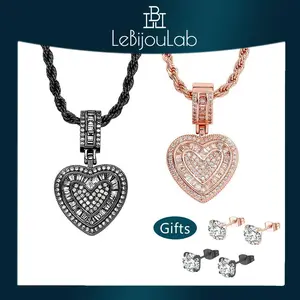 [LeBijouLab] Rose Gold & Chrome Blac Heart Necklace w/ 20in & 24in Stainless Steel Rope Chain | Birthday Gifts Anniversary Gift Best Valentines Day Gift | Cubic Zirconia Heart Pendant Necklace For Women and Men | Gift for girlfriend Gift for wife