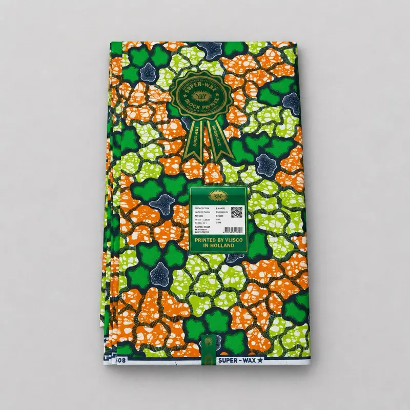 Super-Wax Printed by Visco in Holland Vibrant Green Orange Patterned Fabric 08