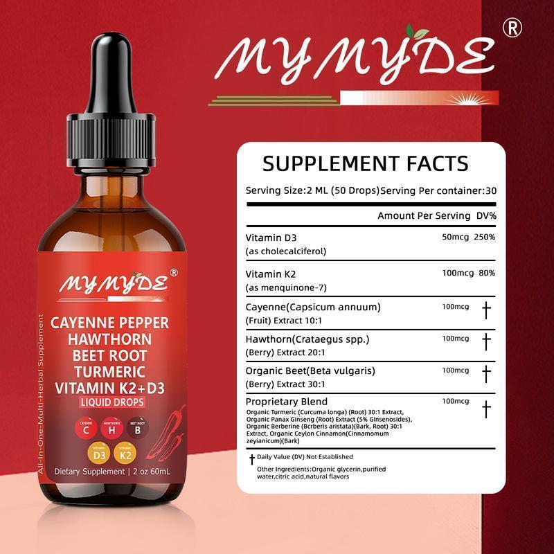 Cayenne Pepper Supplement Liquid Drops + Hawthorn Berry, Vitamin D3 K2 Organic Beet Root Powder, Ceylon Cinnamon, Turmeric Curcumin, Panax Ginseng Healthcare Dietary Edible