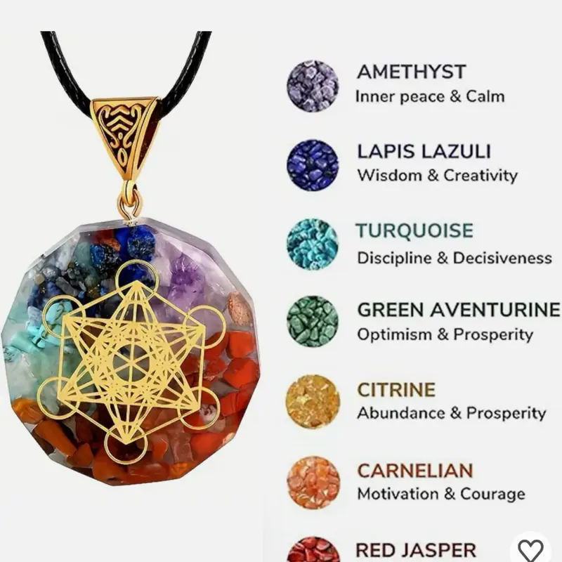 7 Chakra with a star protection Orgonite Pendant, Crystal Chip Round Necklace with Adjustable Cord for Women Men