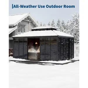 12x16 ft Hardtop Enclosed Sunroom Gazebo, Floor-to-Ceiling Sliding Doors, All-Aluminum Frame, Screen Solarium for Backyard, Patio & Deck, Natural Look, Metal Sheet Roof