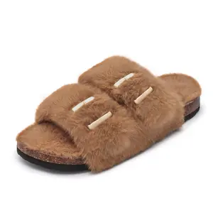 Women's Fuzzy Slippers Cork Footbed Fluffy Slides Comfy Open Toe Indoor Outdoor House Shoes with Arch Support Footwear Girl