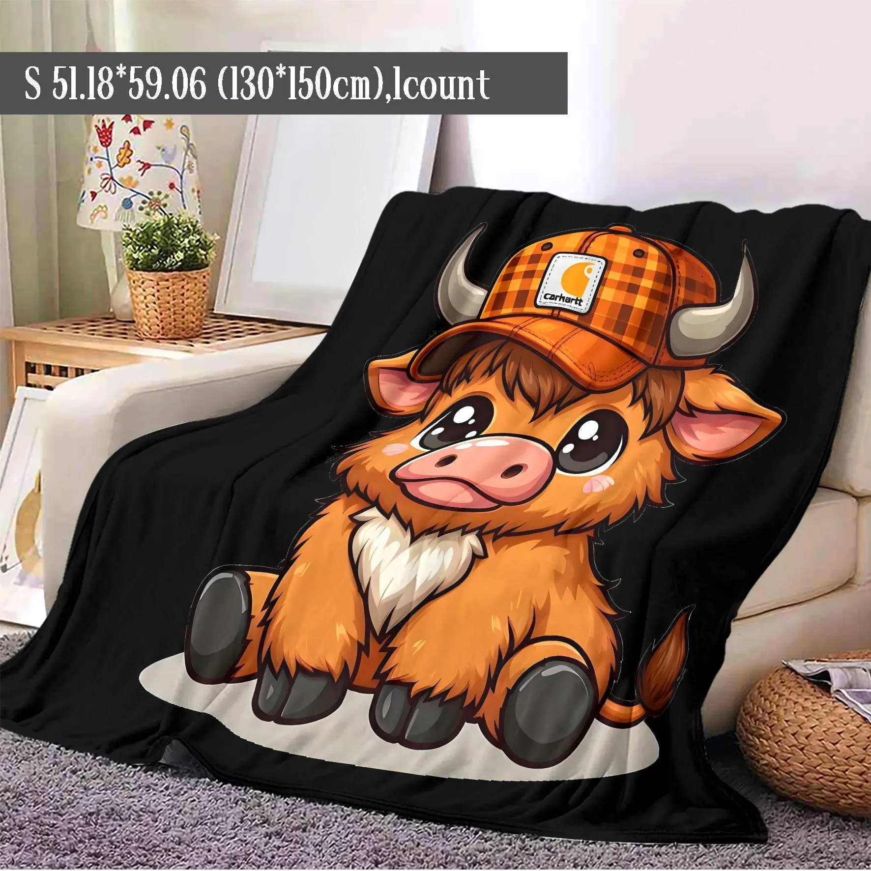 Cute Highland Cow Flannel Throw Blanket - 1 Count, Wrinkle-Free, Multi-Size Soft Cozy Style, Gender Neutral Family Blanket for Home, Travel (Ideal for Cool Rooms)