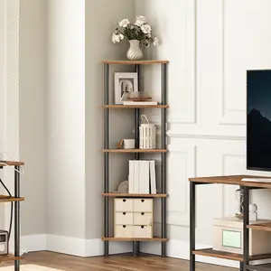 HOOBRO Corner Shelf Stand, Industrial 5-Tier Corner Bookshelf with Metal Frame, Plant Display Shelf, Corner Bookcase for Small Spaces, Rustic Brown#springtok#SpringSale #BigSpringSale