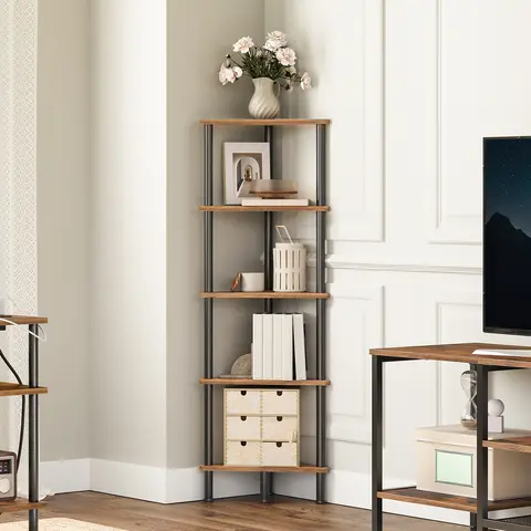 HOOBRO Industrial 5-Tier 6-Tier Corner Storage Shelf Metal-Frame Rustic Wood Unit with 11.8"l Compact Design, Adult-Friendly, Interior Storage Organization, Bedroom Shelves Fit for Book Nook, Plant Display