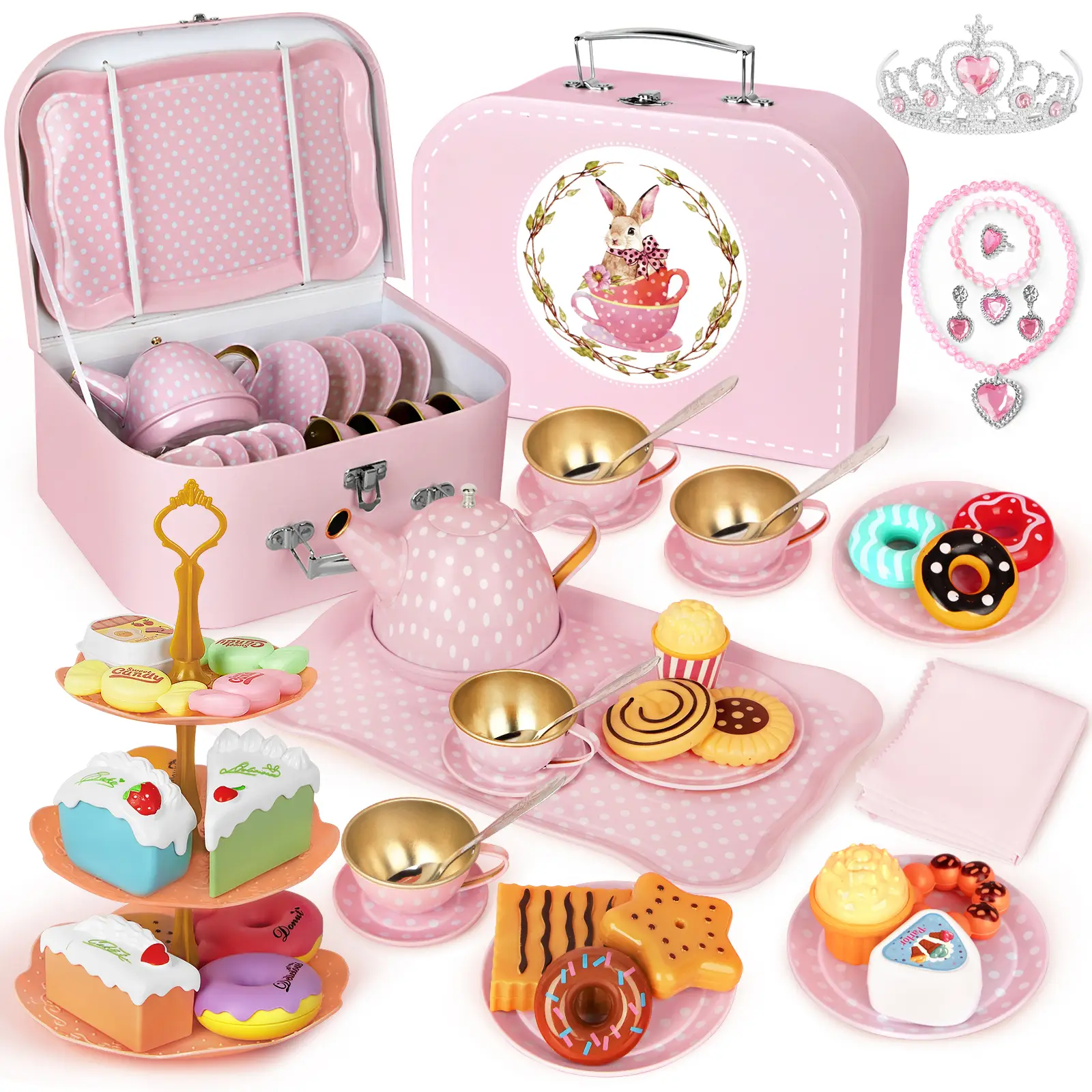 Tea Party Set for Little Girls, 49PCS Princess Tea Time Toys Including Tea Set Dessert Carrying Case, Kids Kitchen Pretend Playset, Tea Set for Girls