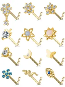 12Pcs Nose Rings Stud L Shape Nose Rings Cubic Zirconia Butterfly Flower Eye Moon Crown Heart Lightning Shape Nose Studs Piercing Jewelry for Women Men Silver Gold Plated 20G