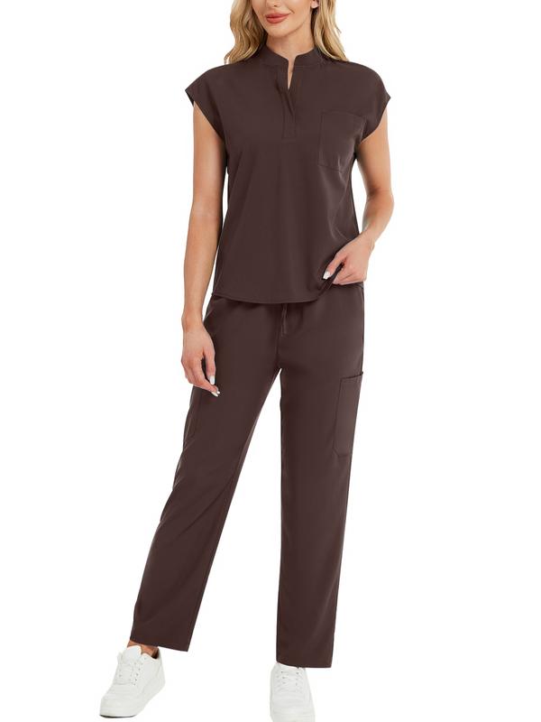 Cimmuovere Women's Solid Notched Neck Batwing Sleeve Top & Drawstring Waist Pants Two-Piece Scrub Set, Casual Cap Sleeve Top & Pocket Trousers for Summer, Vital Scrub Top, Women's Uniforms for Work, Medical Scrub Sets