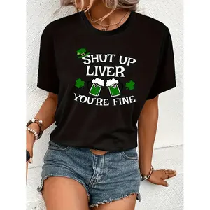 Women S Humor St Patrick's Day T Shirt Shut Up Liver Youre Fine Irish Pub Crawl Slogan Green Beer Pints Shamrock Liver Graphic Casual Short Sleeve Black and Green Liver Shape Print Tee for Irish Themed Celebrations