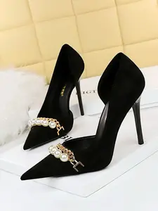 Vintage Elegant Pearl Metal Chain Pointed Toe Stiletto Heels, Fleece-Back Casual Shoes for Spring & Fall, Perfect for Parties and Dates, High Heels Footwear Fashion Stylish, Elegant Heeled Shoes