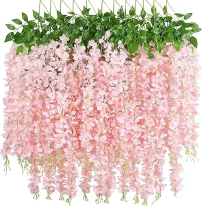 24pcs Wisteria Hanging Flowers 3.6 Ft Artificial Vine Fake Garland Silk String for Wedding Party Garden Outdoor Bedroom Greenery Home Wall Decoration (Light Pink)