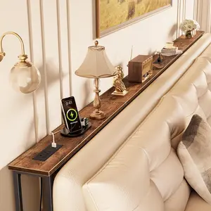 118 Inch Sofa Table with Power Outlets and USB-C Ports, 5.9 Inch Narrow Entryway Table, Behind Couch Table with Storage, Extra-Long Console Table, Living Room, Rusitc Brown