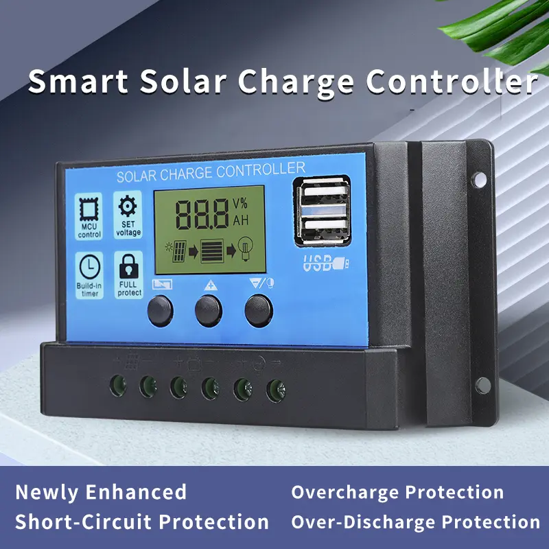 Intelligent PWM Solar Charge Controller with LCD Display - 10A/50A, 12V/24V, Dual USB, Auto Parameter Adjustment, Timer Setting, Multiple Load Control Modes, Microcontroller, Overcharge Protection for Home & Industrial Use