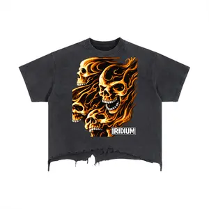 Skull Flame Vintage Wash Boxy Distressed Hem T-Shirt