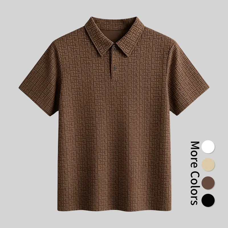 Men’s Maze Jacquard Polo Shirt, Short Sleeve Geometric Texture Smart Casual Summer Top Eagle Print Lightweight Brown Shortsleeve