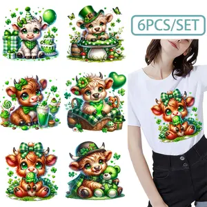 6 Pcs St. Patrick's Day Highland Cow Gold Foil DTF Transfer Iron on DIY Material for Tshirt Hoodie Jeans Backpack Pillow Machine Washable Plastic Transfer Paper for Men Women