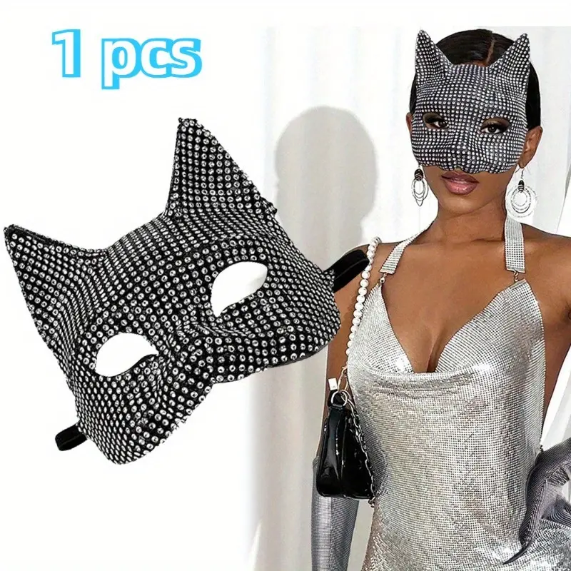 1pc Comfortable Nylon Rhinestone Cat Mask - Party Costume Accessory, Cosplay Ball Gown Prop, No Power Required, Gifts for Halloween, Masquerade