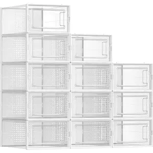 Shoe Boxes Pack of 12 Stackable Clear Plastic Organizers for Closet, Transparent and White ULSP12SWT, Fits Up to US Size 11 shoe rack organizer