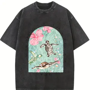 Men's Vintage Washed Pure Cotton T-Shirt - Oversized Streetwear Tee with Sea Turtle & Text Print ("I Will Be with You"), Loose Fit Casual Shirt, Machine Washable Soft Daily Wear