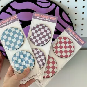 checkered car coasters | trendy car accessories | pastel car coasters | pink blue purple