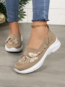 Women's Floral Embroidered Knit Slip-On Loafers, Casual Low-Top Shoes with Butterfly Embroidery for Everyday Wear and All-Day Errands, Casual Slip Ons