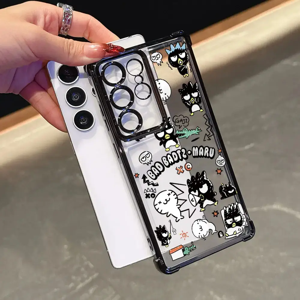 Sanrio BADBADTZ-MARU Fun and Trendy Pattern Phone Case Suitable for Galaxy S25 Edge, S24, S23, S22 FE, Note20 Ultra Plus 4G/5G - Black Frame Anti-Drop Transparent Back Cover Luxury Creative Protective Case
