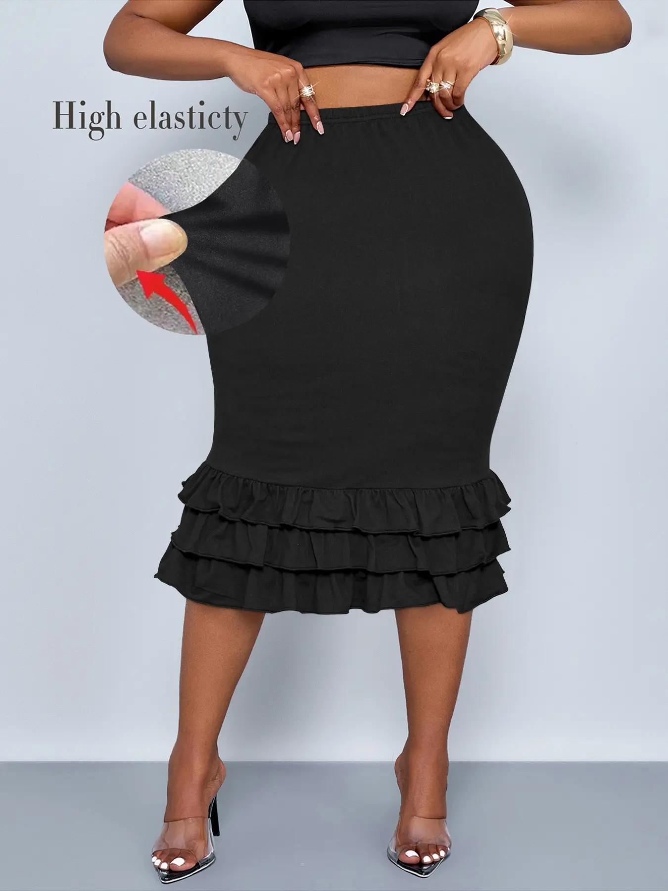 Plus Size Elegant Casual Women's High Waist Midi Skirt, Plain Fitted Design, All Seasons Fashion, Large Size Available, Ladies' Stylish Clothing