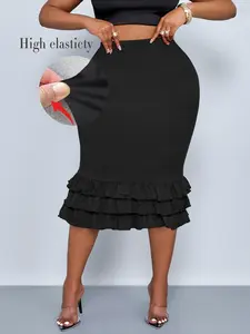 Plus Size Elegant Casual Women's High Waist Midi Skirt, Plain Fitted Design, All Seasons Fashion, Large Size Available, Ladies' Stylish Clothing