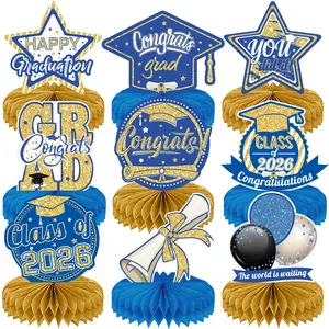 9 Sets 2026 Graduation Party Decorations, Blue Honeycomb Centerpiece, 3D Dual-Sided Table Decor, University High School Graduation Party Supplies