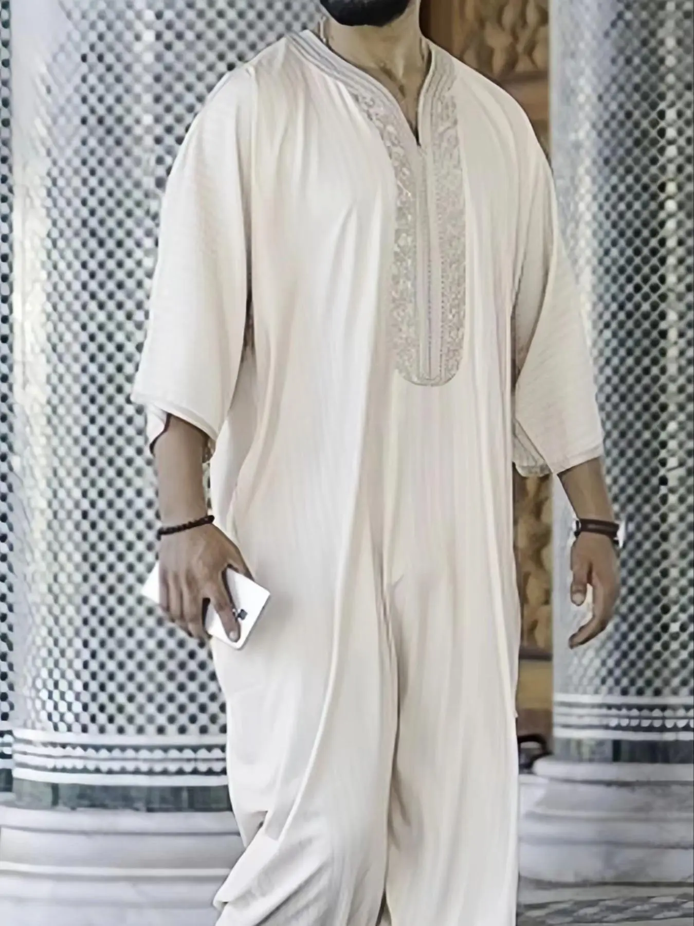 Men's Embroidery Trim V Neck Kimono Robe, Loose Casual Striped Trim 3/4 Sleeve Lounge Robe, Traditional Arabic Muslim Robe, Modesty Thobe, Men's Islamic Clothing for Spring & Fall