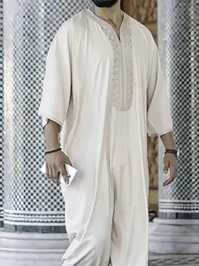 Men's Embroidery Trim V Neck Kimono Robe, Loose Casual Striped Trim 3/4 Sleeve Lounge Robe, Traditional Arabic Robe, Modesty Thobe, Men's Islamic Clothing for Spring & Fall