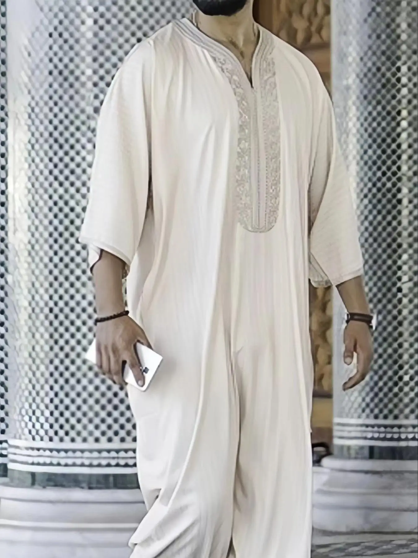 Men's Embroidery Trim V Neck Kimono Robe, Loose Casual Striped Trim 3/4 Sleeve Lounge Robe, Men's Islamic Clothing for Spring & Fall