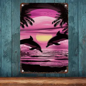 2D Flat, 2D Flat Surface, Frameless Metal Wall-Retro Tropical Sunset Dolphin and Palm Tree Pink Sky Coast Decoration,8x 12 Inch Square Beach House Painting, Bright Pink and Purple Ocean Wave Artwork That Can Be Hung at Any Time