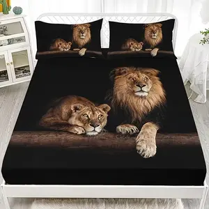 3pcs Lion Print Bedding Set, Fashionable and Cozy Romantic Design, Includes One Fitted Sheet and Two Pillowcases, No Pillows Included